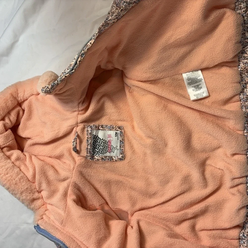 Kensie Girl Baby‎ Floral Puffer Jacket 12M Pink Peach Blue Flowers Faux Fur Hood